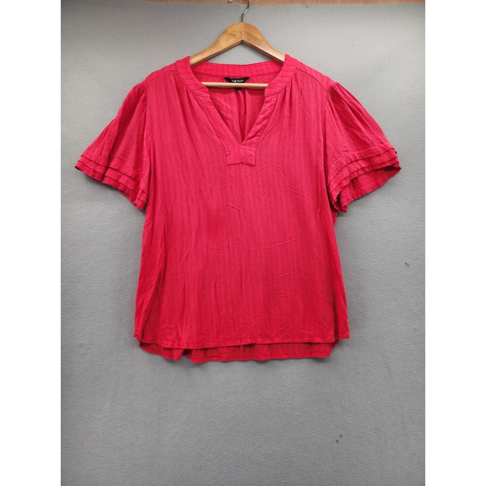 Well Worn Red Ruffle Sleeve Blouse V-Neck Textured Viscose Top Large Boho Summer